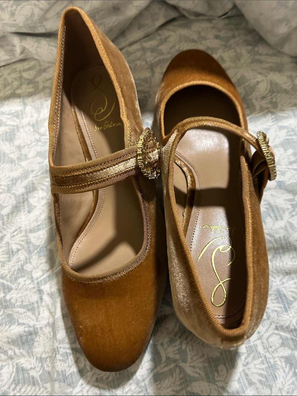 Sam Edelman Camel Velvet Mary Jane Flats with Decorative Buckle